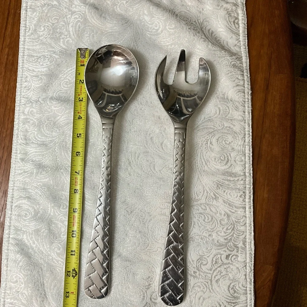 Vintage Stainless Steel Salad Serving Set Large Spoon Fork Textured Handles